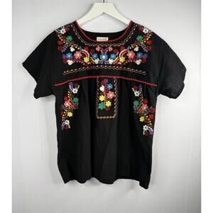 YZXDORWJ Women’s Size XXL Top Black Floral Embroidery Boho Mexican Peasant